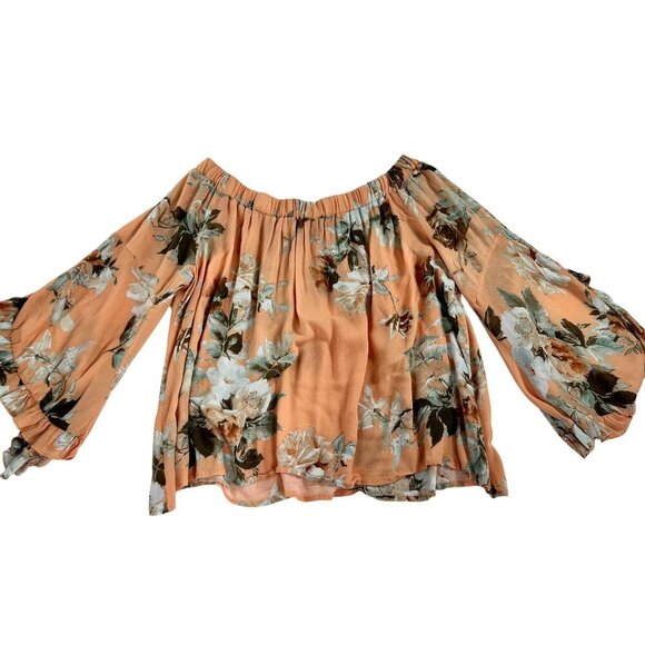 A Beautiful Soul Womens 1X Floral Top Ruffled Bell Sleeves Stretchy Beachy Boho - Picture 6 of 14